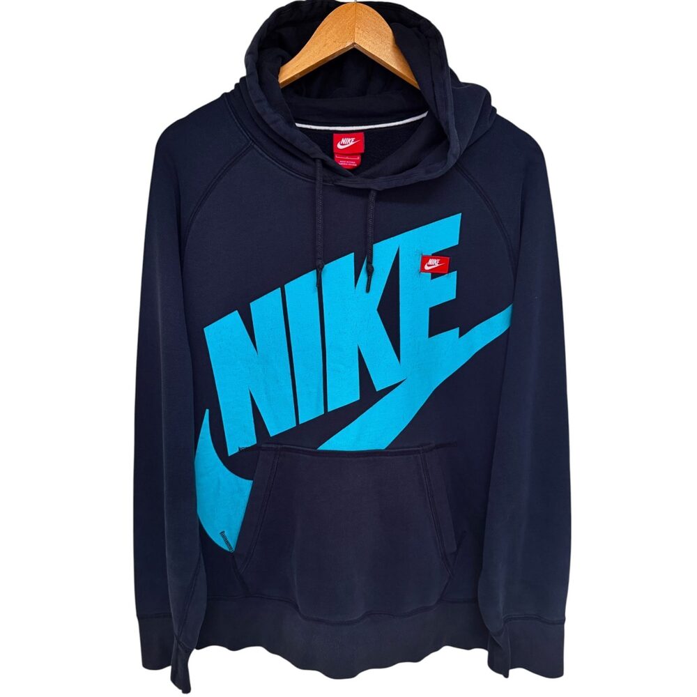 Nike Navy Blue Drawstring Graphic Fleece Oversized Hoodie Cotton Men's Large